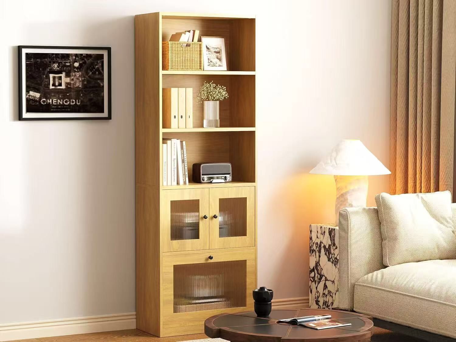 Bookshelf with Doors, Wooden Bookshelves with Cabinet Doors, 70" Tall Bookcase, Natural Wood Color