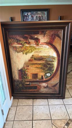 Large Framed Tuscan Courtyard Painting