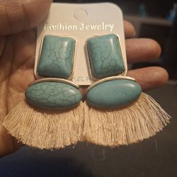 Turquoise Stone Tassel Dangling Earrings 