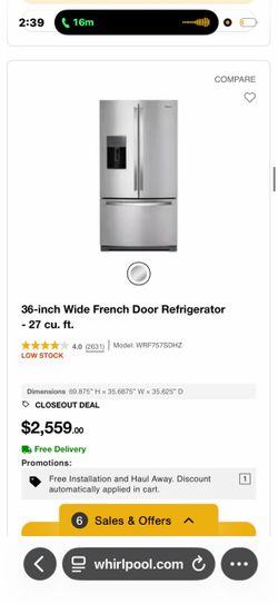 Whirlpool 36” French Door Refrigerator – 27 Cu. Ft.
