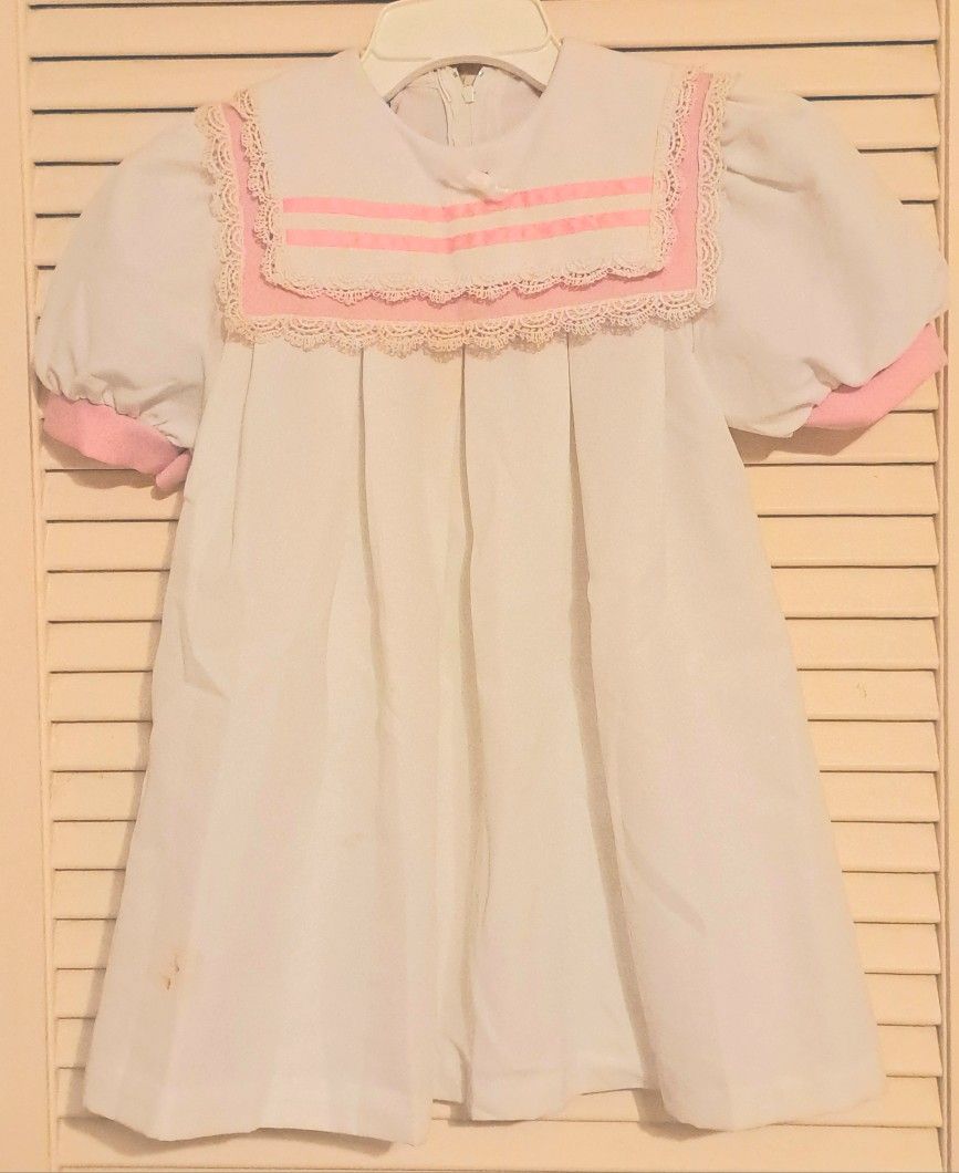 Pink And White Little Girl's Square Collar Dress