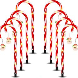 Christmas Candy Cane Solar Light with Cute Santa Claus Star Snowflake, Set of 8 Christmas Outdoor Decorations Pathway Markers for Sidewalk Yard Holida