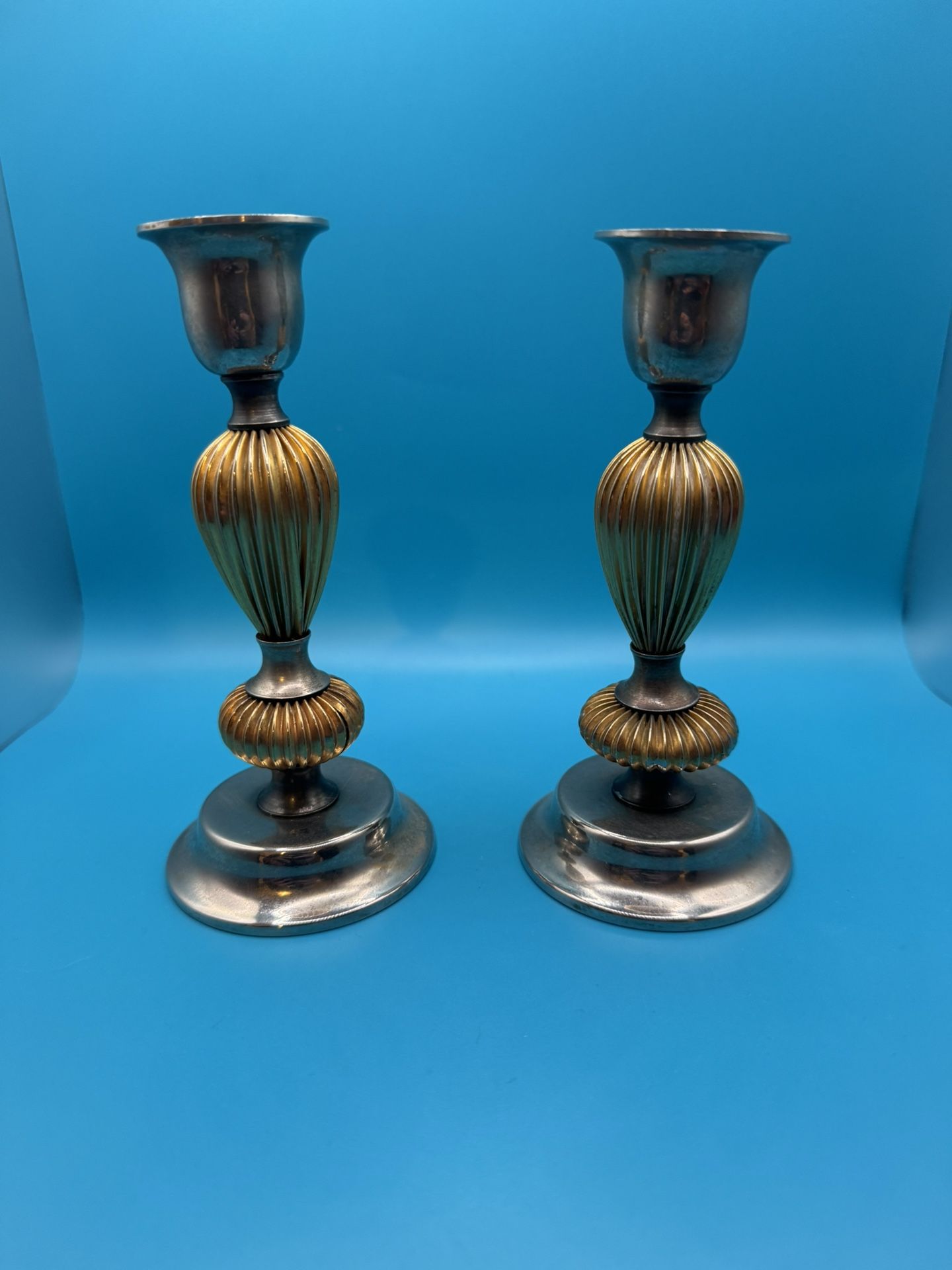 Two Vintage Brass Candlesticks Holders with Silver Plating.