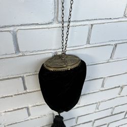 Antique Late 19th Century Velvet Purse with Brass Lid & Mirror | Victorian Reticule Chatelaine Bag