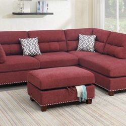 Brand New Paprika Red Velvet Sectional Sofa With Storage Ottoman 