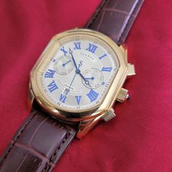 ⚡️EXCELLENT Men’s Stauer Meisterzeit 18175 Automatic Leather Beige Dial Watch