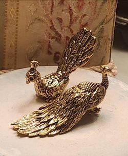 Vintage Set of 2 Brass Peacock Figurines