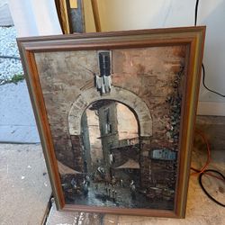 Vintage Original Oil Painting on Canvas – Framed European Street Scene
