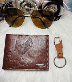 men's wallet, glasses, and keychain set