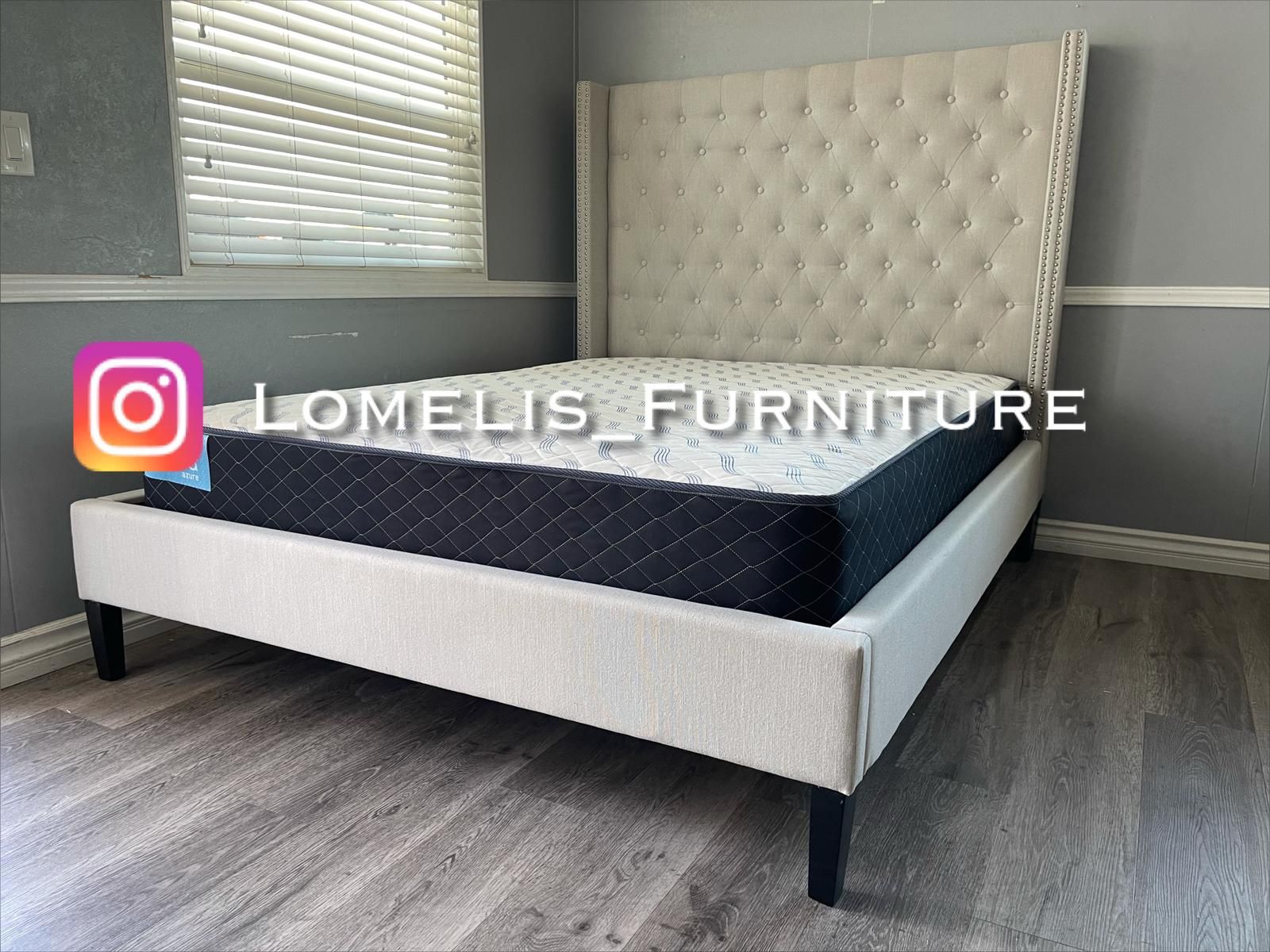 King Ivory Modern Wingback Button Tufted Bed w. Orthopedic Mattress Included