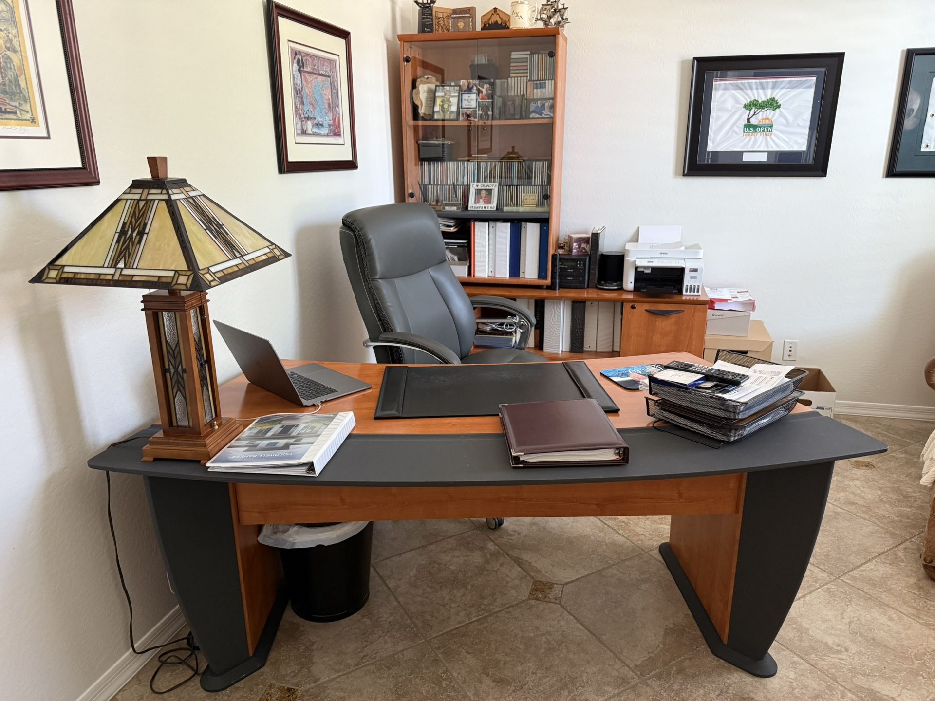 Gautier Executive Bow Shaped Desk, Two Drawer File Cabinet, And Hutch