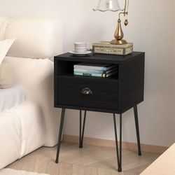 Nightstand with 1-Drawer and Metal Legs, Sofa End Table for Living Room Bedroom Office, Black