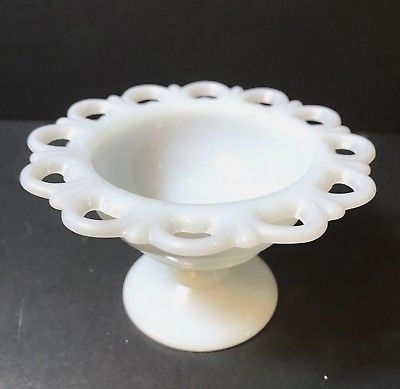 Vintage Anchor Hocking White Milk Glass Lace Pedestal Footed Candy Dish Compote Vase