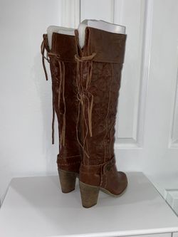 Sbicca NORFOLK Cognac & Black Leather fringe Knee High boots