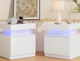 LED Bedside Table with Charging Station, Set of 2 Side Tables, Modern Nightstands with Storage,