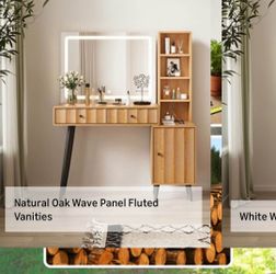 42" Makeup Vanity Desk with Mirror and Lights, Fluted Makeup Vanity with 5 Drawers