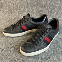 Gucci Ace Black Red Navy GG Logo Stripe 429445 Lace Up Leather Sneaker Low Top size 12