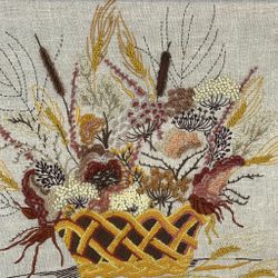 Vintage Large Wall Hanging Crewel Art Hand knitted Granny Stitched Mid Century MCM Art Collectible Boho Flower Basket 