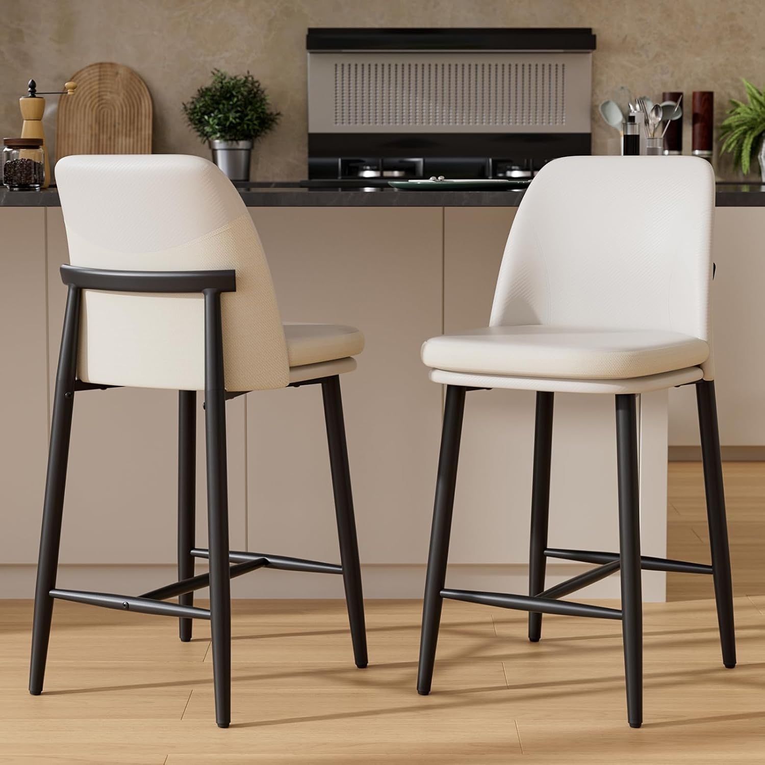 Bar Stools Set of 2, Upholstered Counter Height Bar Stools, 26 Inch Modern Counter Stools with Back, Textured Leather&Fabric, Metal Legs,Barstools for