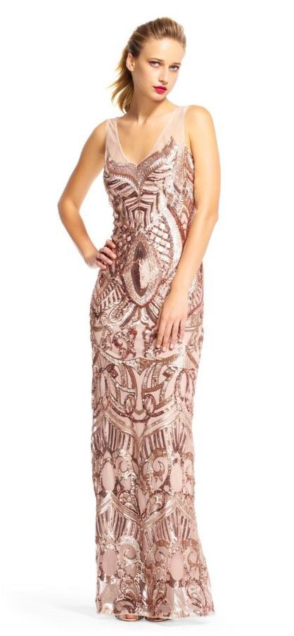 Arianna Papell Rose Gold Sequined Illusion Gown 