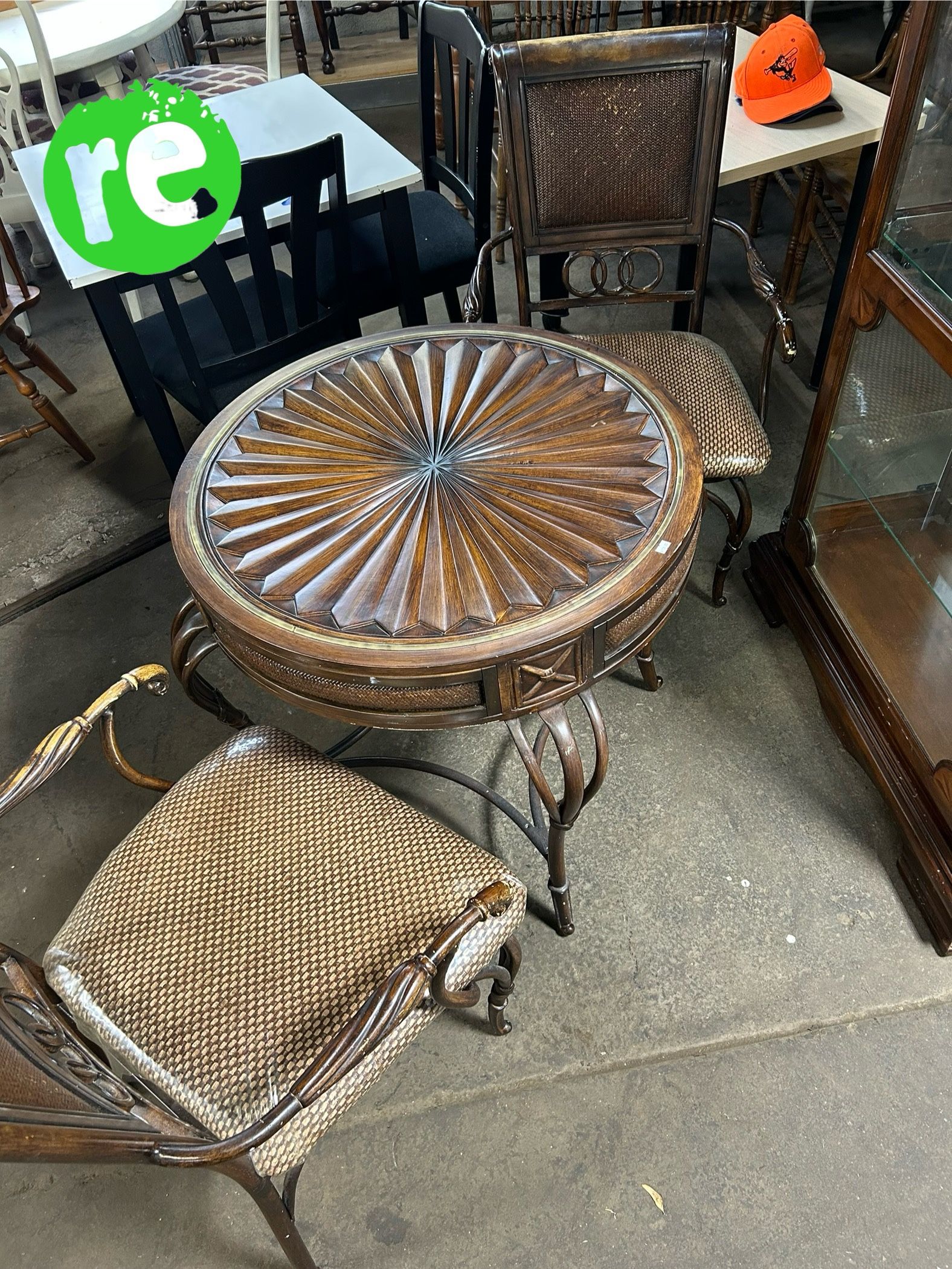 Vintage Iron Wood Round Table with 2 Chairs