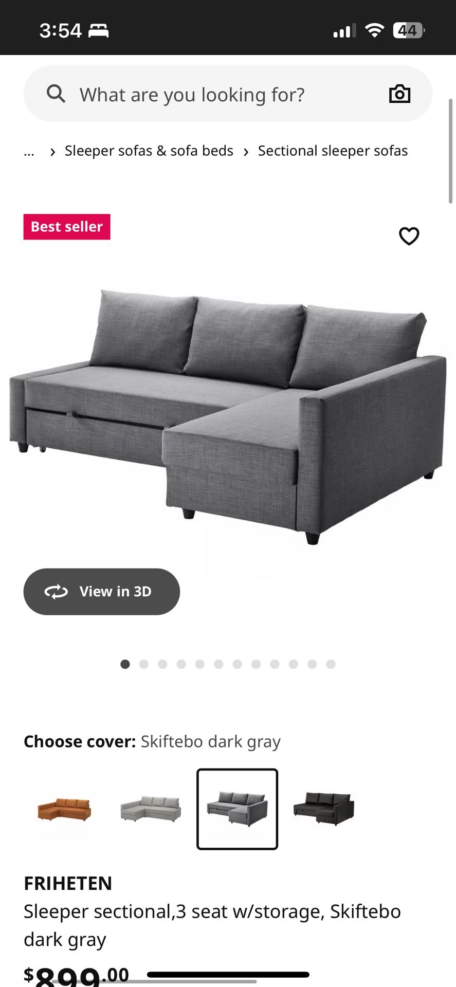 IKEA Sofa FRIHETEN Sleeper sectional,3 seat w/storage, Skiftebo dark gray
