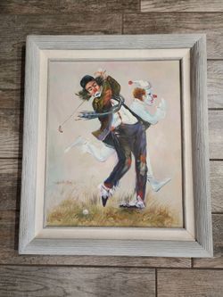Vintage original golfing clown oil painting signed by John R Tehiz