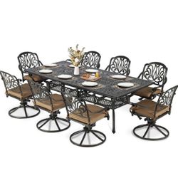 9-Piece Outdoor Patio Dining Set For 8, All Weather Cast Aluminum Patio Funiture Table And Chairs Set- 94.5" Rectangular Table And 8 Cushioned Swivel 