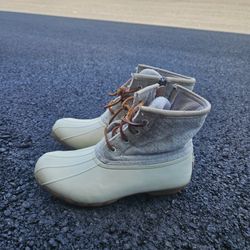 Sperry Duck Boots Women’s 7.5 Gray Wool Rubber Waterproof 3M Thinsulate Lace Up