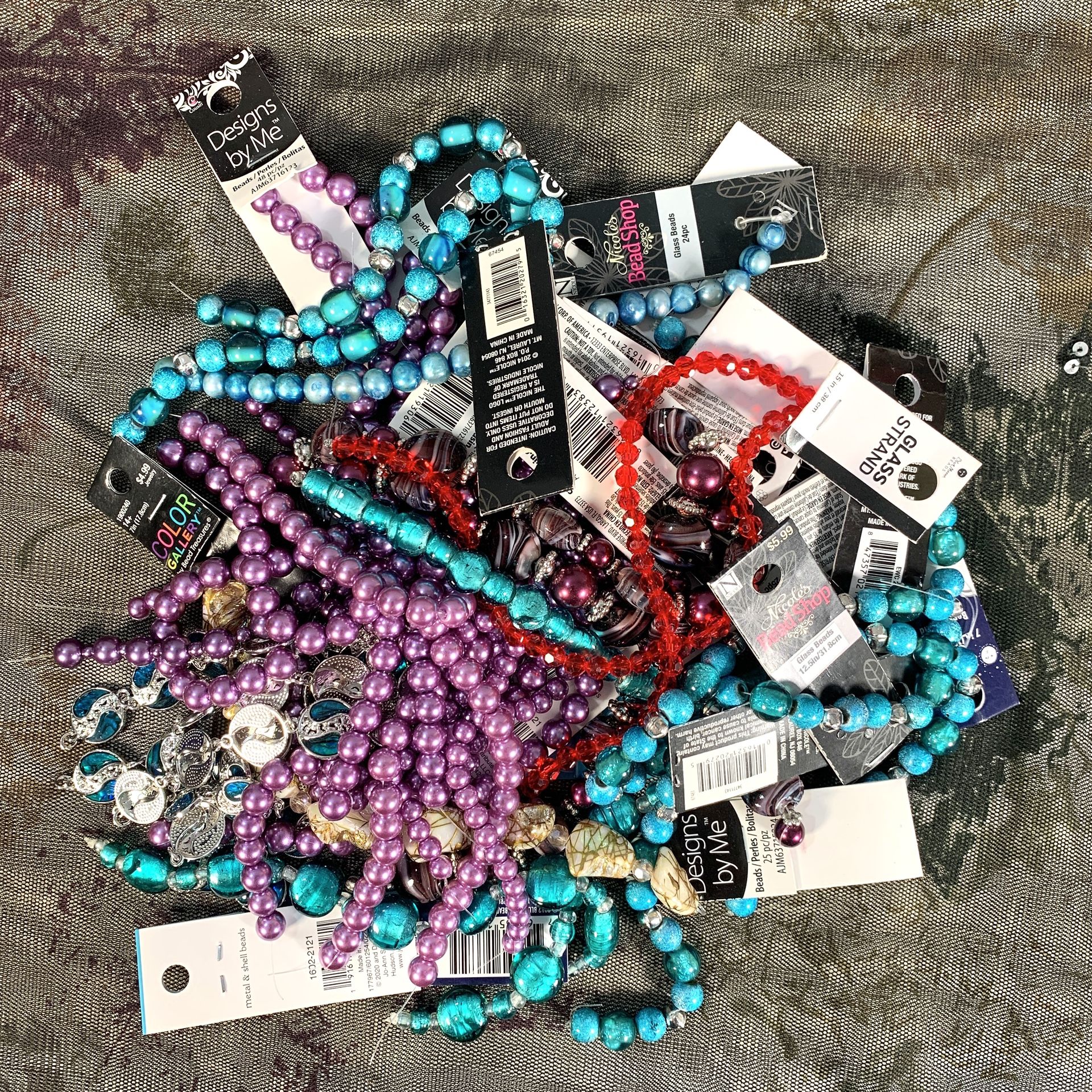 New 28 Bead Strands on Cards Blue Purple Faux Pearl / Abalone Glass Foil Crystal