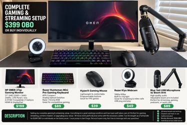 Complete Gaming & Streaming Setup – HP OMEN, Razer, HyperX, Blue Yeti – $399 OBO