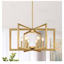 6-Light Modern Gold Chandelier, Geometric Dining Room Light Fixture Industrial Pendant Lights Kitchen Island, Hanging Metal Farmhouse Chandelier for D