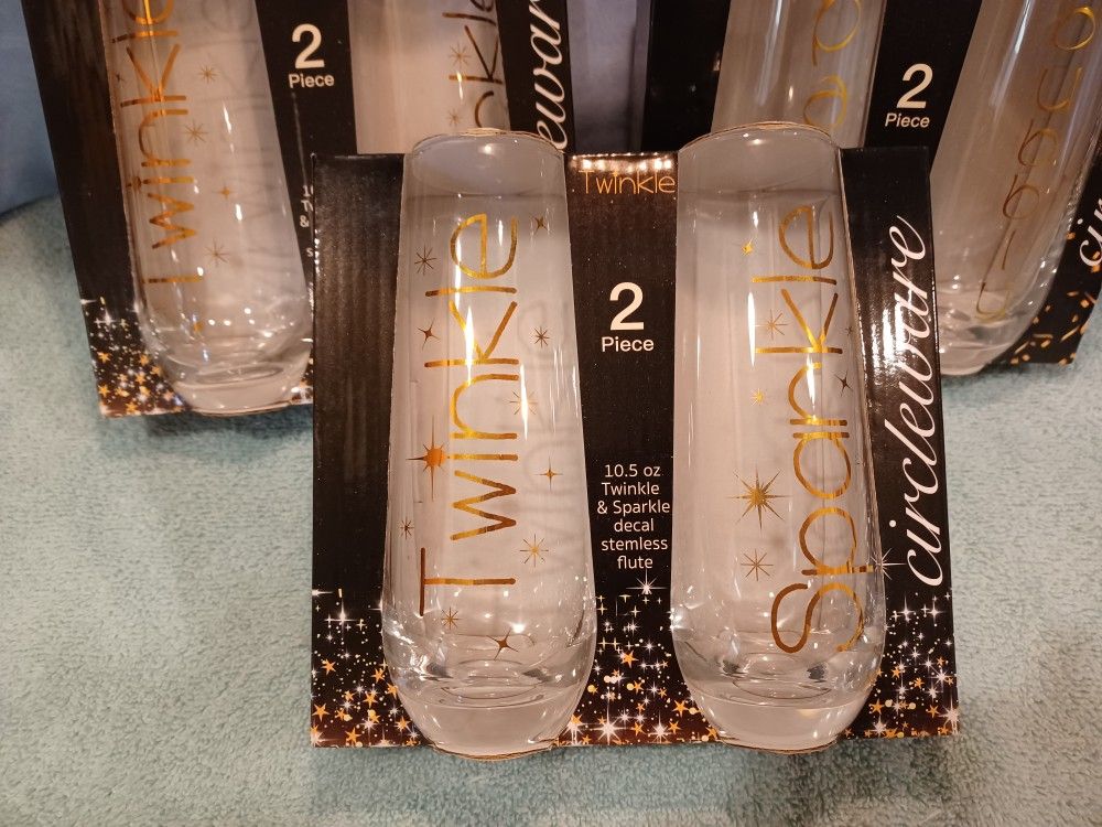 New In The Box. Three Sets Of Two Of Unopened Boxes Of Glass Stemless Flutes With Sayings On Them