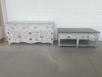 Selling a vintage sideboard and newer table, white wash finish , project not complete need clear coat