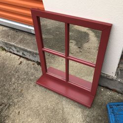 Red Rustic Window Box with 4 Panel Mirrors - has hooks on back 18.5” w x 26” h x1” d