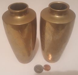 2 Vintage Brass Metal Vases, Set of Matching Vases, 6" Tall, Heavy Duty Quality, Home Decor, Table Display, Shelf Display
