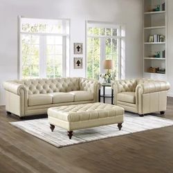 Free Delivery Allington 3-piece Leather Set Sofa, Chair, Ottoman - Eggshell Retail $5700