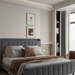 Queen Size Velvet Upholstered Platform Bed Frame with Channel Tufted Headboar/Beige