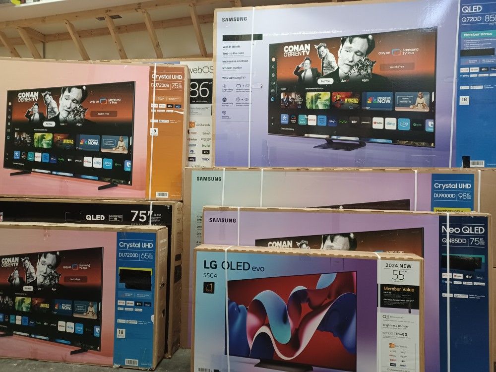 98" Tcl $1100.  98" Samsung $1699.  98" LG $1699.  100" Hisense  $1350.  Pick Up Today.  1 Year Warranty 