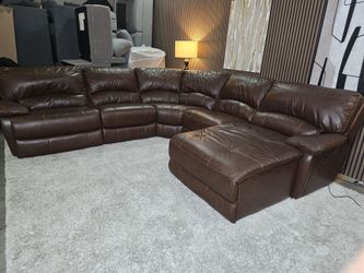Brown Modular Top Grain Leather 5 Piece Reclining Sectional