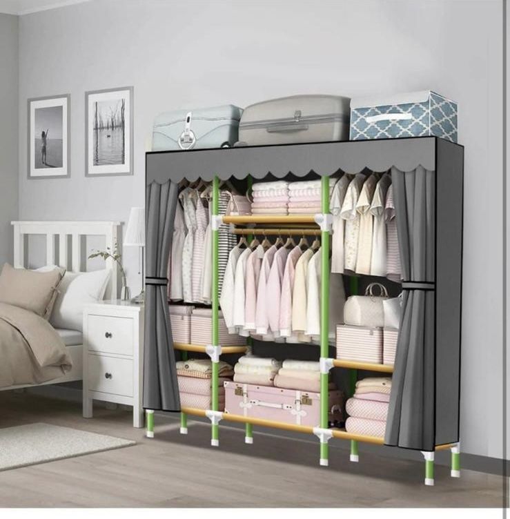 Portable Closet 57 Inch Wardrobe Closet Clothes Organizer with 3 Storage Shelves and 3 Hanging Rods, Cloth Closet of Colored Rods Grey Cover Quick and