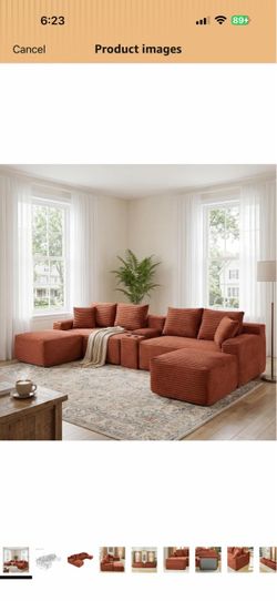 127" U-Shaped Cloud Sectional Couch Oversized Modular Compressed Boneless Sectional Sofa with Ottoman Chaise Lounges & Console, Plush Corduroy Boneles