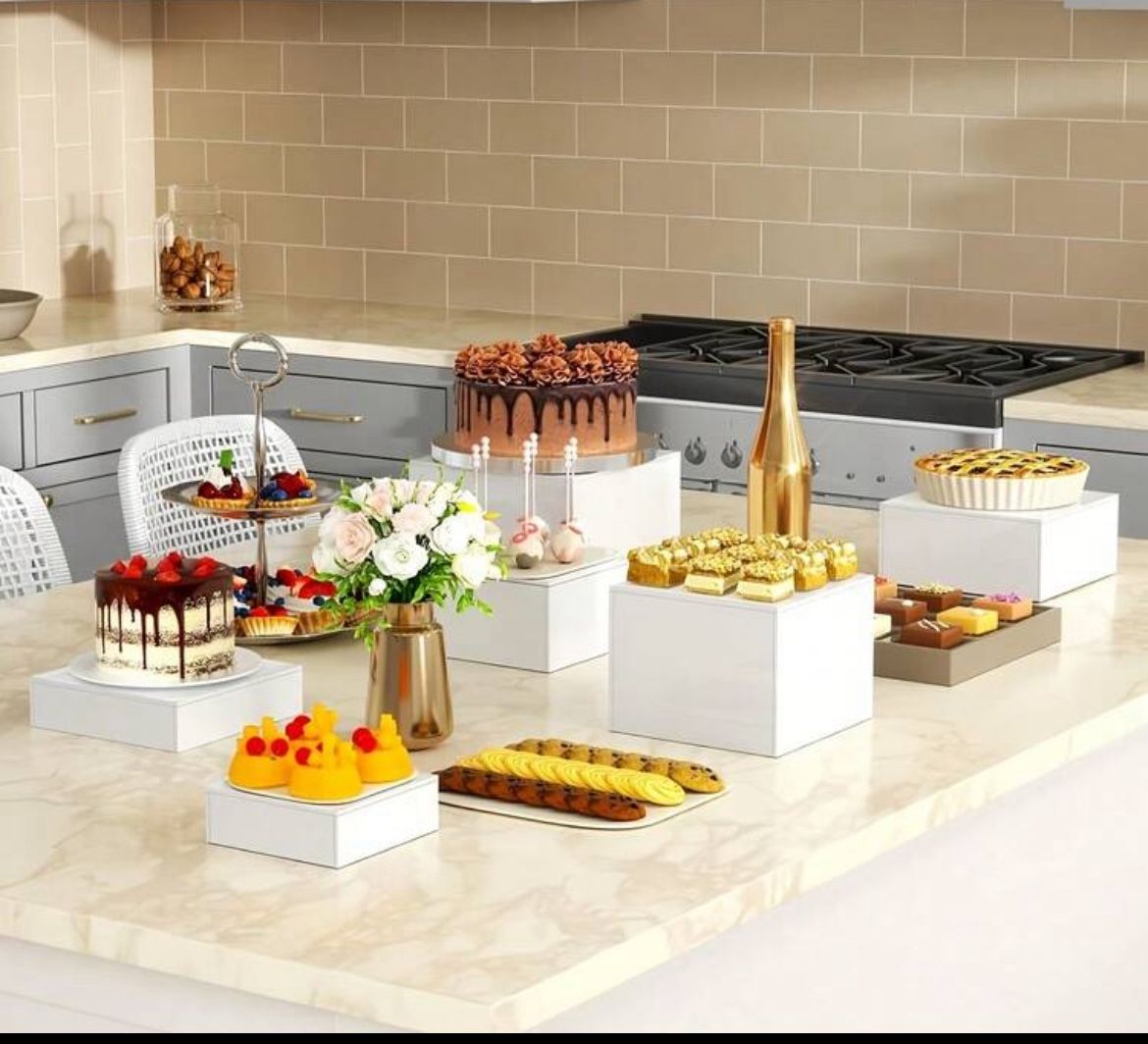 6pcs Nesting Buffet Risers - Space-Saving Stackable Design & Hollow Bottom Construction - Tiered Height (1" To 8") - Multi-Level Display Stands