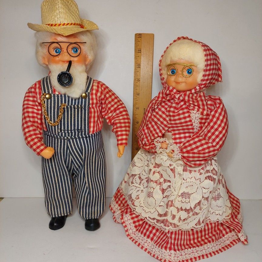 Country Doll Couple Dish Soap Bottle Doll Straw Hat Pipe Overalls