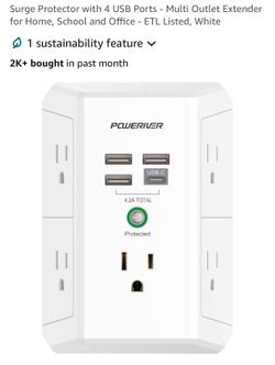 Poweriver Surge Protector W/4 USB Ports Multioutlet
