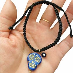 Black Macrame Sugar Skull Evil Eye Bracelet 