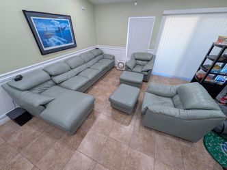 5-Piece Sage Green Leather Living Room Set (Sectional, 2 Chairs, 2 Ottomans)