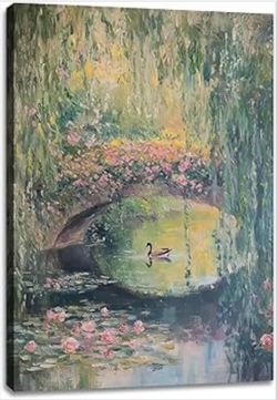 Monet Style Water Lotus Bridge Pond Scenery Canvas Wall Art. 24x36 inches.