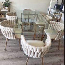Modern Glass Dining Table & 6 Beige Velvet Chairs