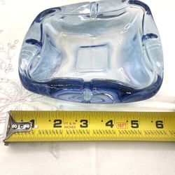 Vintage Mid Century Heavy Glass Ashtray / Trinket Dish Light Blue 6” x 5” 